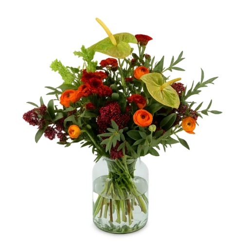 Mellem Hamlet buket med grøn anthurium, orange ranunkler, røde skimmia og mørkerøde blomster
