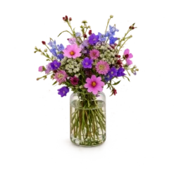 Overdådig markbuket Original med vilde blomster, pink cosmos, blå delphinium og bordeaux scabiosa