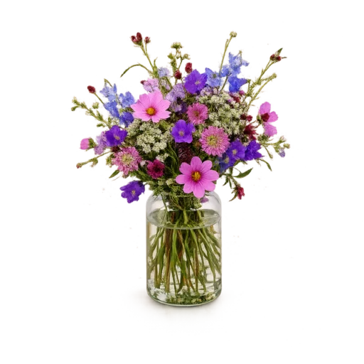 Overdådig markbuket Original med vilde blomster, pink cosmos, blå delphinium og bordeaux scabiosa