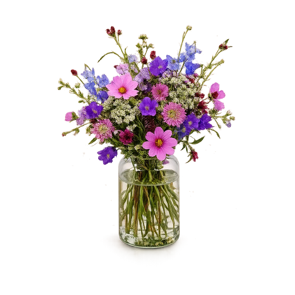 Overdådig markbuket Original med vilde blomster, pink cosmos, blå delphinium og bordeaux scabiosa