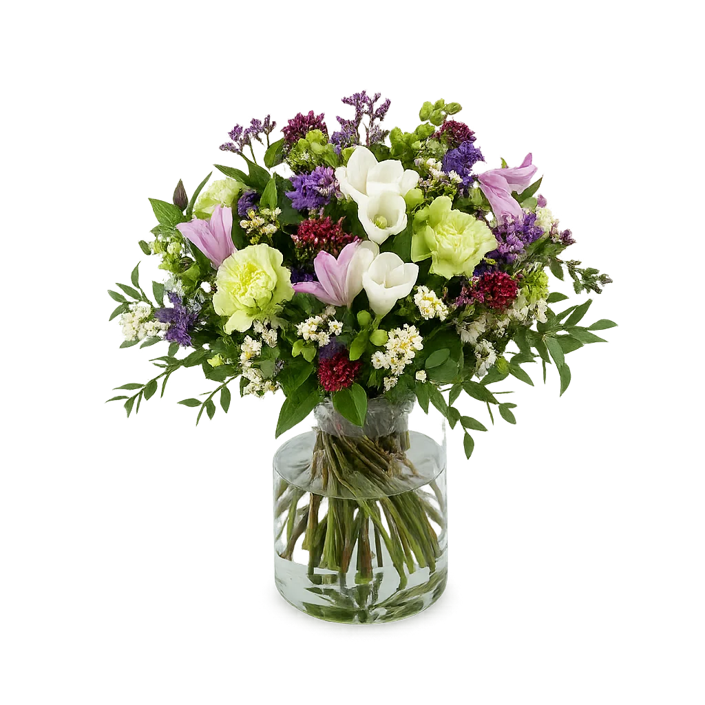 Skyernes Elegance Original buket med hvide fresia, lilla clematis, grønne nelliker og voksblomst