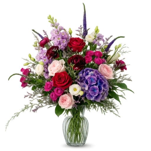 Farvesymfoni Original buket med røde roser, magenta sprayroser, hortensia, lisianthus og lilla veronica