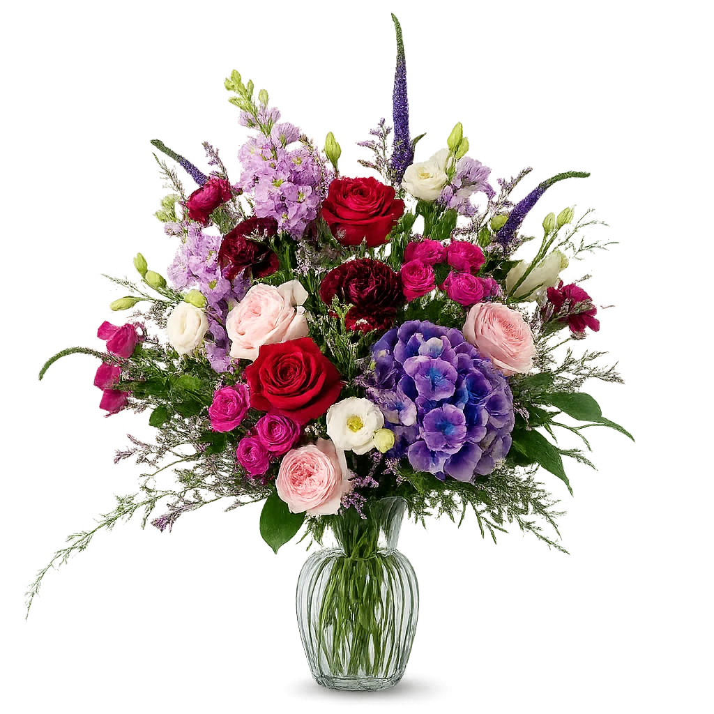 Farvesymfoni Original buket med røde roser, magenta sprayroser, hortensia, lisianthus og lilla veronica