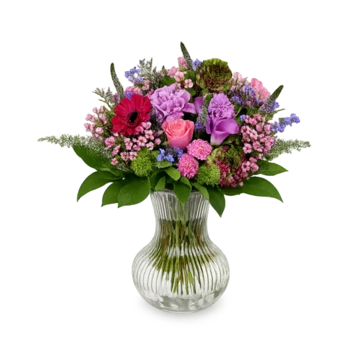 Graceland buket i mellem størrelse med rosa roser, lilla blomster og bordeaux gerbera
