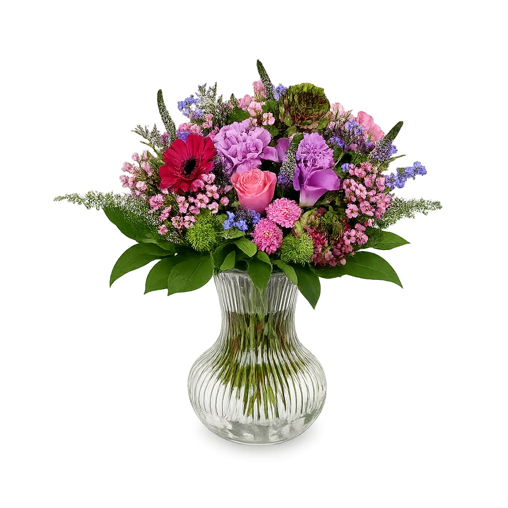 Graceland buket i mellem størrelse med rosa roser, lilla blomster og bordeaux gerbera