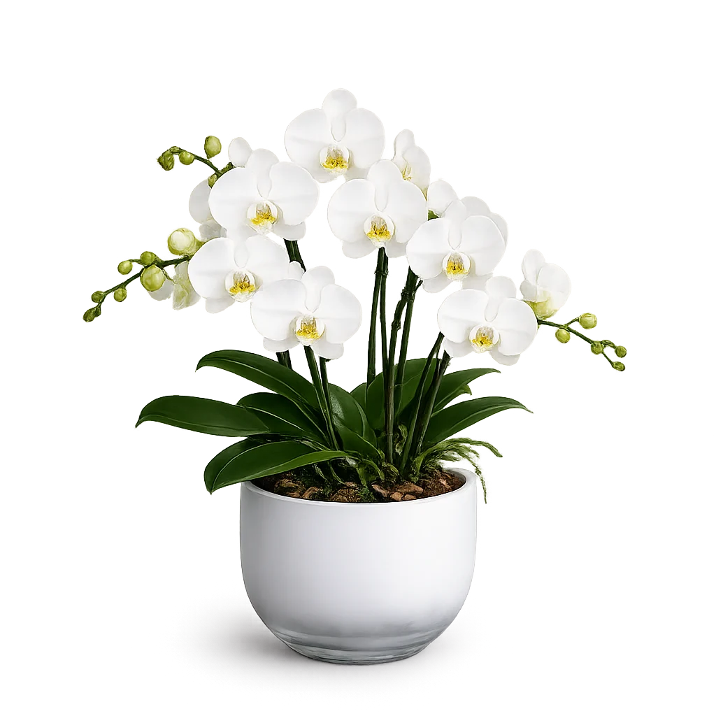 Hvid Phalaenopsis orkidé i elegant orkidéglas