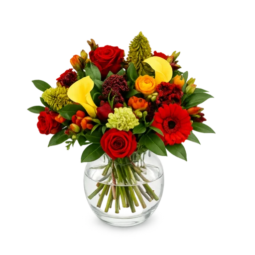 La Belle Vie Original buket med røde roser, gerbera, ranunkler, calla liljer, skimmia og tropiske varme farver