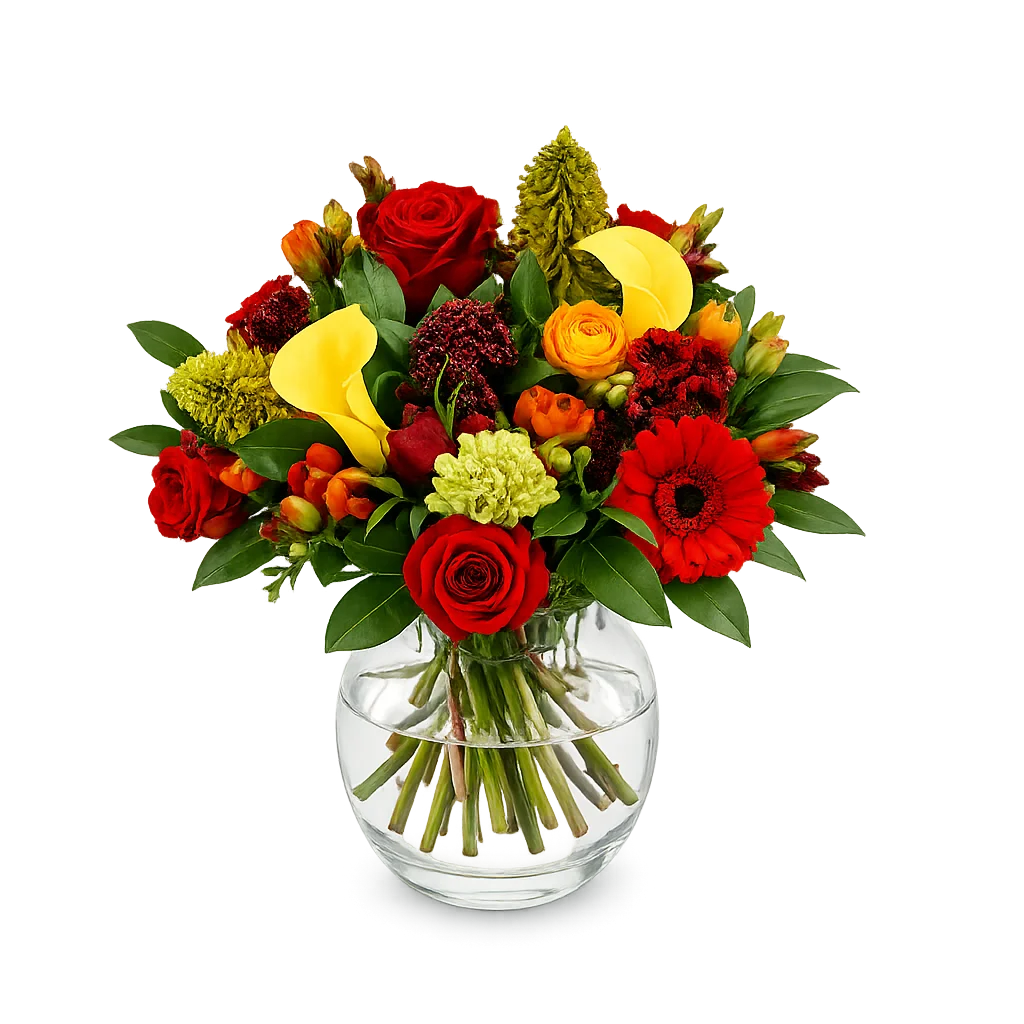 La Belle Vie Original buket med røde roser, gerbera, ranunkler, calla liljer, skimmia og tropiske varme farver