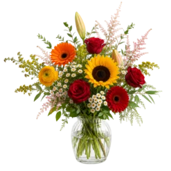 Melodi af Glæde blomsterbuket original i glasvase med solsikker, røde roser og orange gerbera