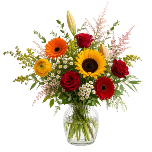 Melodi af Glæde blomsterbuket original i glasvase med solsikker, røde roser og orange gerbera