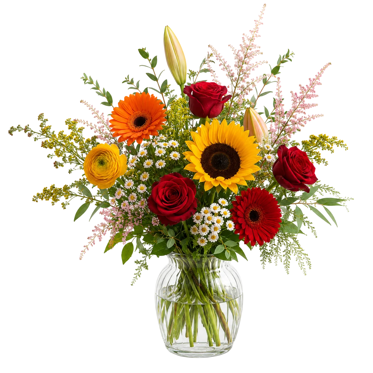 Melodi af Glæde blomsterbuket original i glasvase med solsikker, røde roser og orange gerbera