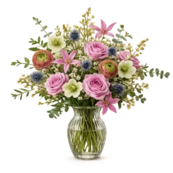 Minimalisme Original buket med rosa roser, ranunkler, clematis, helleborus og blå eryngium