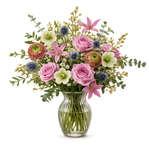 Minimalisme Original buket med rosa roser, ranunkler, clematis, helleborus og blå eryngium