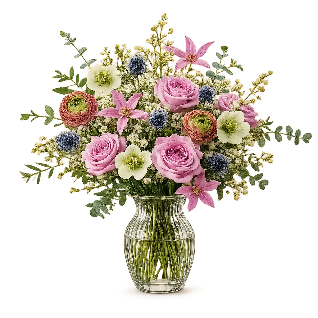 Minimalisme Original buket med rosa roser, ranunkler, clematis, helleborus og blå eryngium