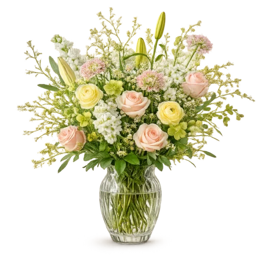 Pasteldrøm Klassisk med lyserøde roser, ranunkler, hvide blomster, lyse liljeknopper og elegante pastelfarver i vase