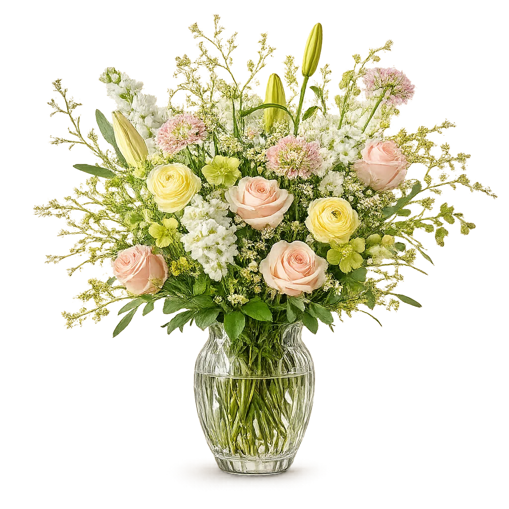 Pasteldrøm Klassisk med lyserøde roser, ranunkler, hvide blomster, lyse liljeknopper og elegante pastelfarver i vase