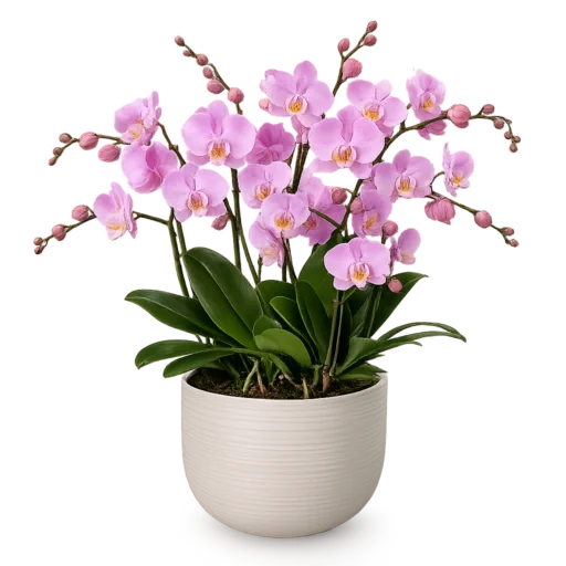 Pink/lilla orkidé sammenplantning i elegant krukke