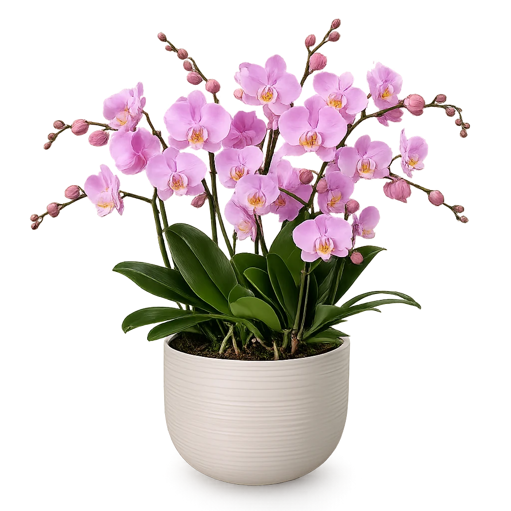 Pink/lilla orkidé sammenplantning i elegant krukke