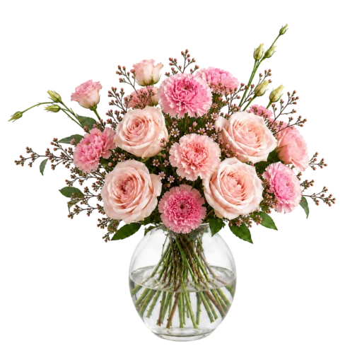 Poésie Original romantisk blomsterbuket med lyserøde roser, pink blomster og voksblomster